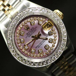 Rolex Ladies Datejust Oyster 18K Gold Stainless Diamond Dial Bezel 69173